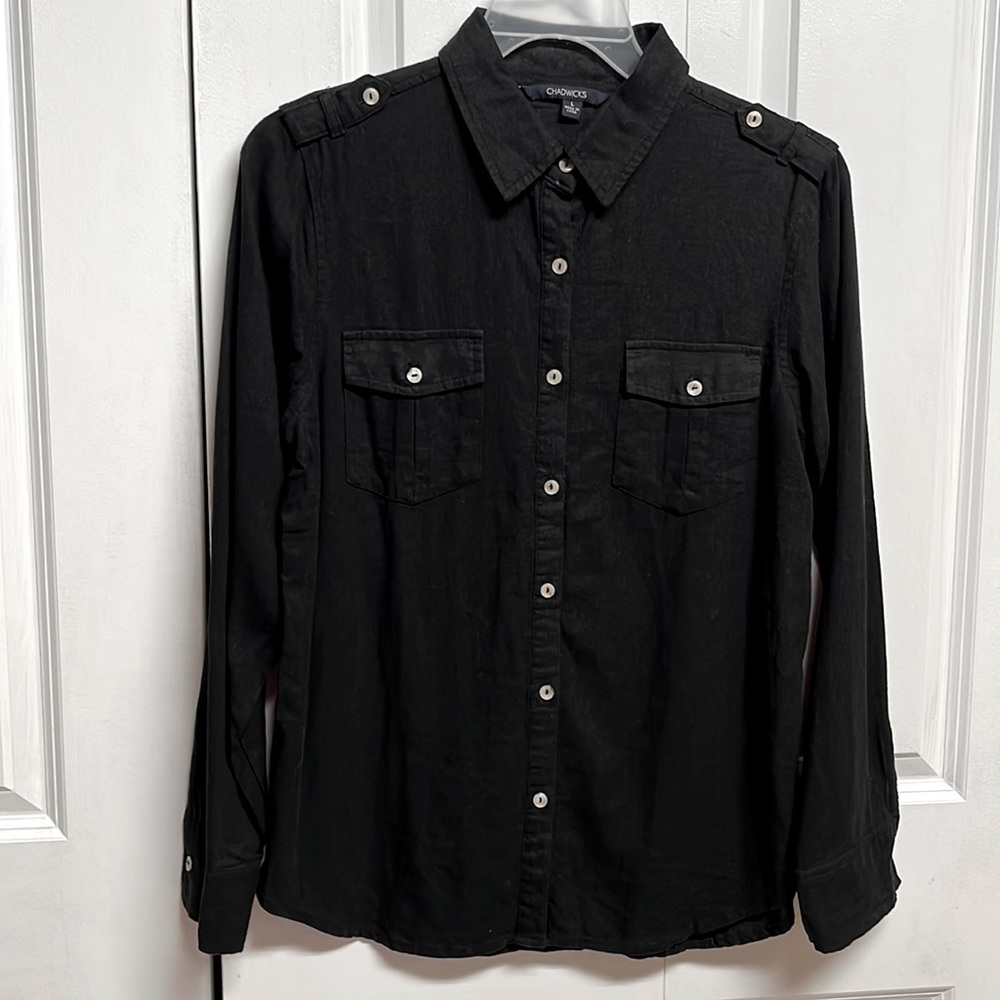 Chadwick’s Black Long Sleeve Pocket Collar Linen Blend Top Size L